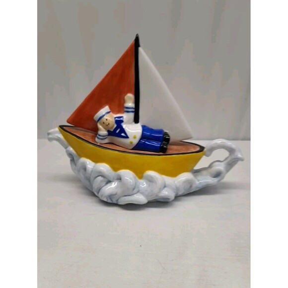 Vintage Jay Willfred Andrea by Sadek Tug Boat Ceramic Tea Pot 10" Long Rare - Picture 1 of 10